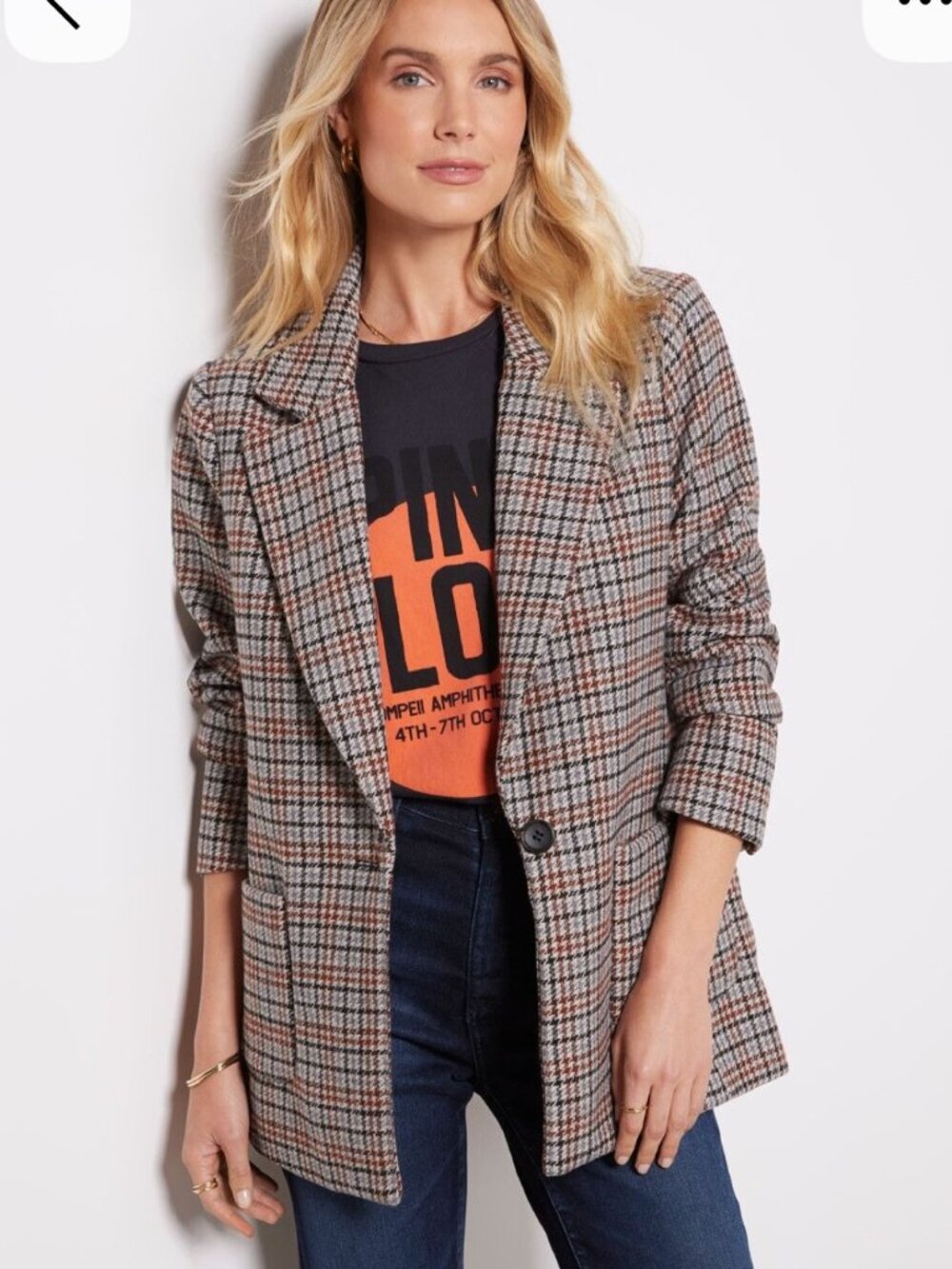 Evereve Houndstooth Plaid Blazer Wool Blend Elbow Patches Sz S